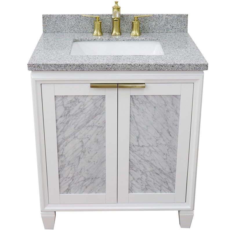 Pemberly Row Single Rectangle Sink Solid Wood Vanity in White/Gray Granite Stone