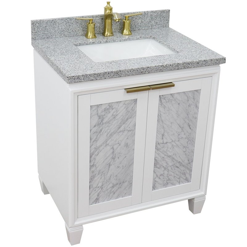 Pemberly Row Single Rectangle Sink Solid Wood Vanity in White/Gray Granite Stone