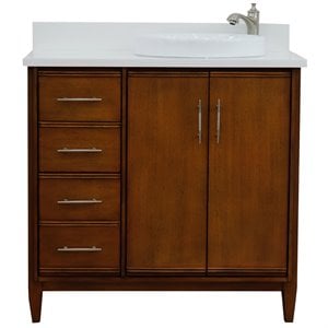 Pemberly Row 37&quot Wood Single Round Sink Vanity with Right Door in Walnut/White