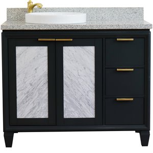 Pemberly Row 43&quot Solid Wood Vanity w/ Left Round Sink in Gray/Gray Granite Stone
