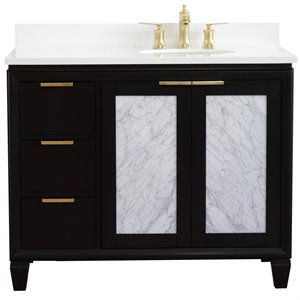 Pemberly Row 43&quot Solid Wood Vanity w/ Right Oval Sink in Blue/White Quartz Stone