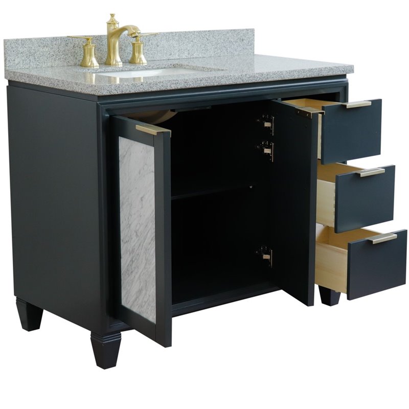 Pemberly Row Solid Wood Vanity w/ Left Rectangle Sink in Gray/Gray Granite Stone