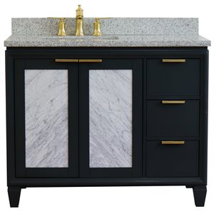 Pemberly Row Solid Wood Vanity w/ Left Rectangle Sink in Gray/Gray Granite Stone