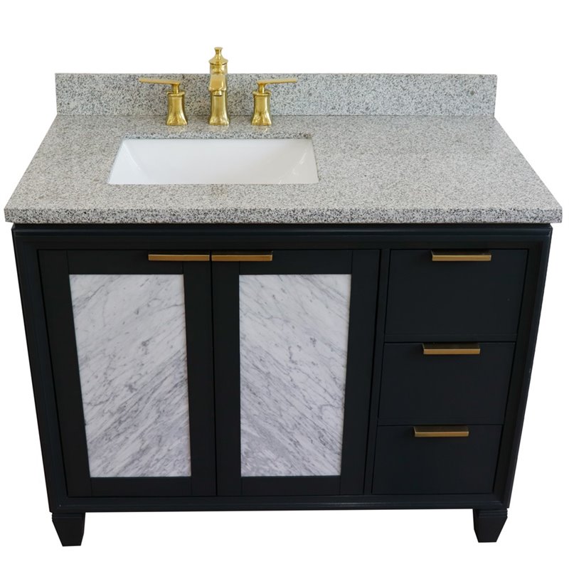 Pemberly Row Solid Wood Vanity w/ Left Rectangle Sink in Gray/Gray Granite Stone