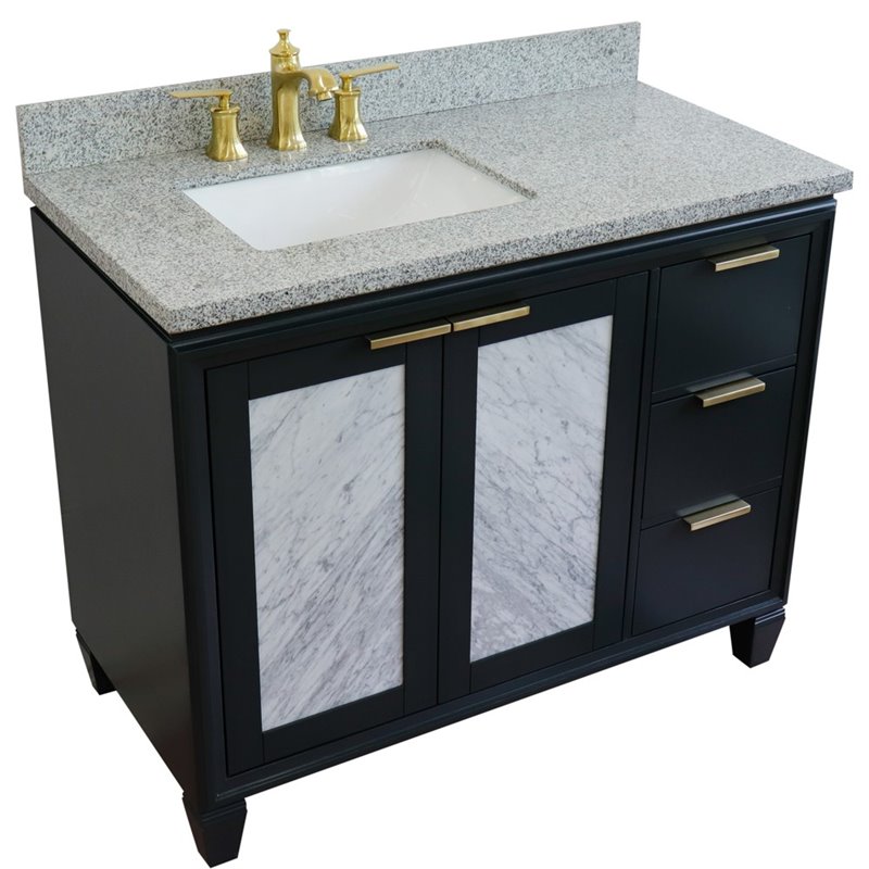 Pemberly Row Solid Wood Vanity w/ Left Rectangle Sink in Gray/Gray Granite Stone