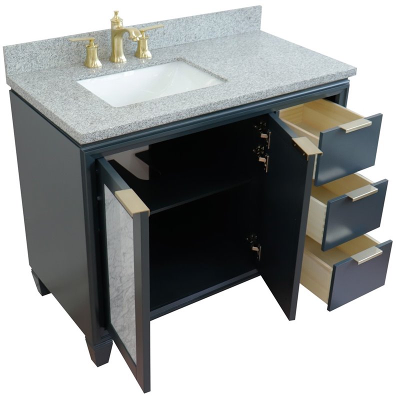 Pemberly Row Solid Wood Vanity w/ Left Rectangle Sink in Gray/Gray Granite Stone