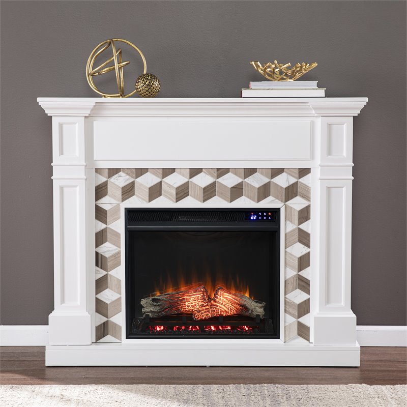 Pemberly Row Transitional Wood-Marble Electric Fireplace in White