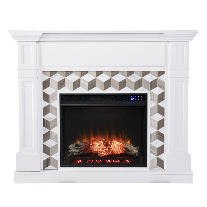 Pemberly Row Transitional Wood-Marble Electric Fireplace in White