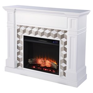 Pemberly Row Transitional Wood-Marble Electric Fireplace in White