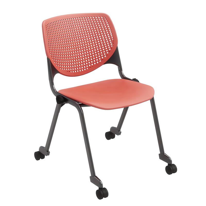 Pemberly Row Transitional Plastic Stack Chair with Casters in Coral