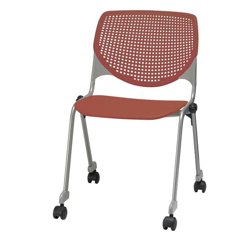 Pemberly Row Transitional Plastic Stack Chair with Casters in Coral