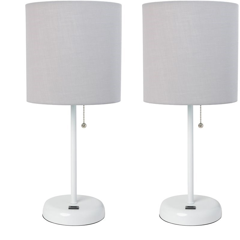 Pemberly Row Metal Stick Lamp with USB Port 2 Pack in White with Gray Shade