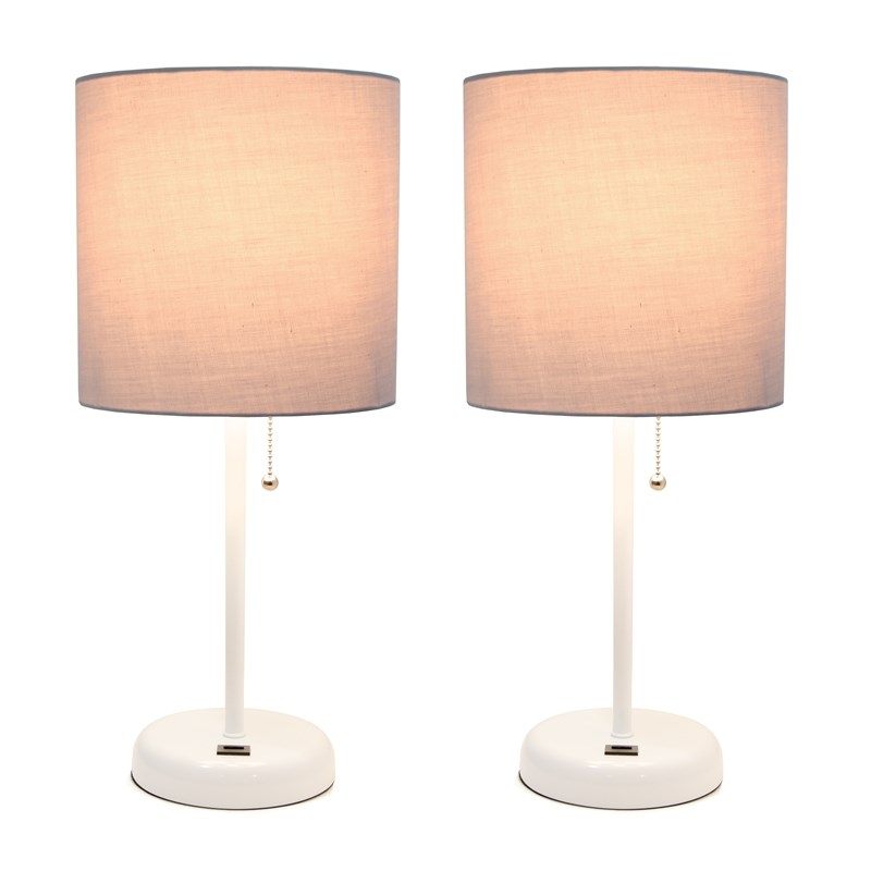 Pemberly Row Metal Stick Lamp with USB Port 2 Pack in White with Gray Shade