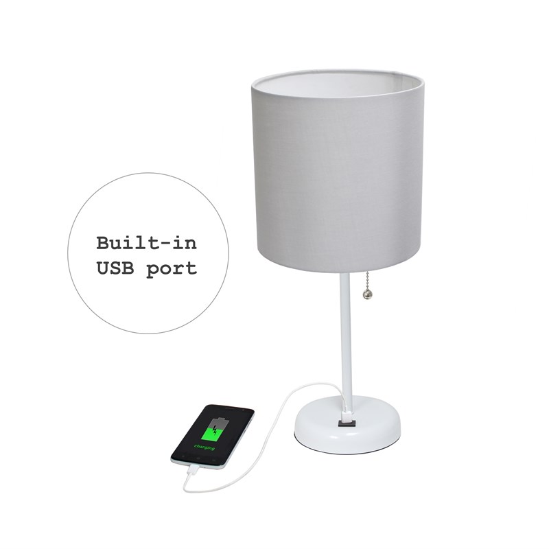 Pemberly Row Metal Stick Lamp with USB Port 2 Pack in White with Gray Shade