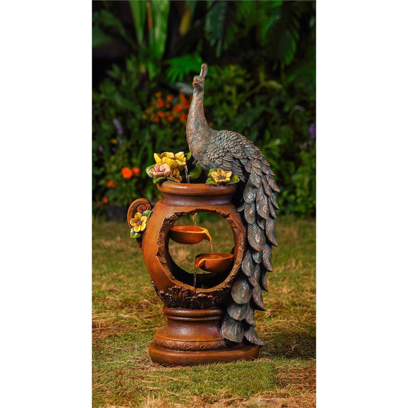 Pemberly Row Contemporary Peacock Water Fountain with LED Lighting