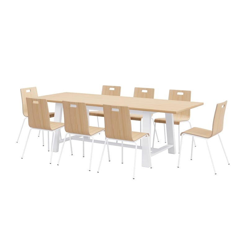 Pemberly Row Contemporary Cafe Table and 8 Chairs Set in Natural/White