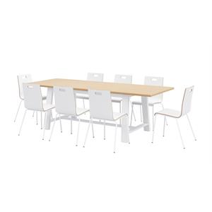 Pemberly Row Contemporary Natural Cafe Table and 8 Chairs Set in White