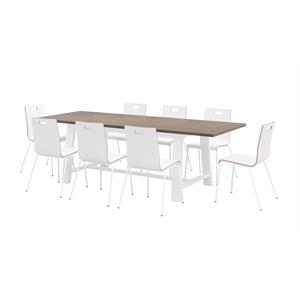 Pemberly Row Contemporary Teak Cafe Table and 8 Chairs Set in White
