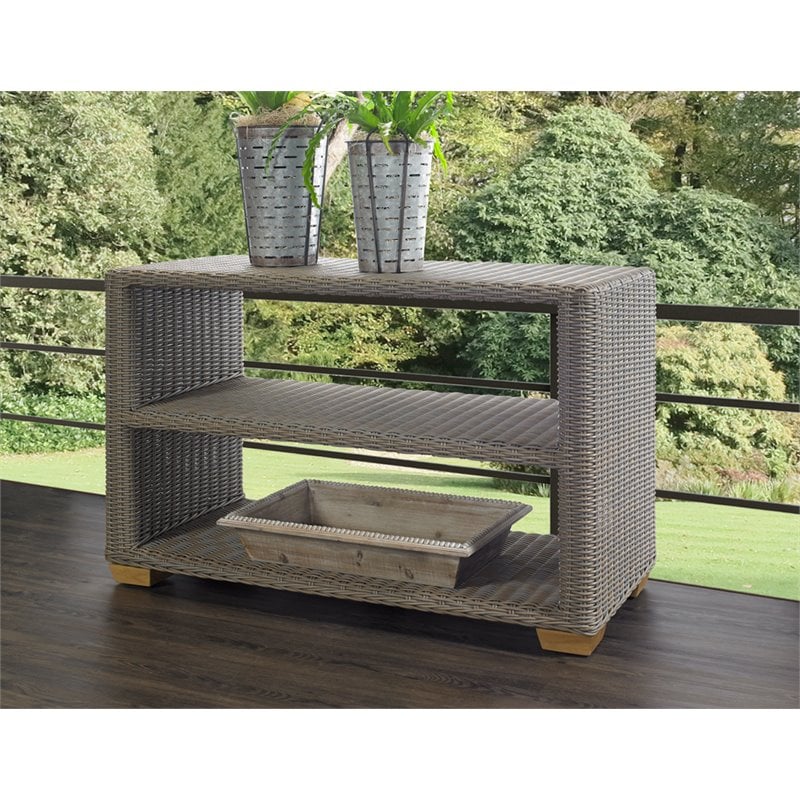 Pemberly Row Contemporary Wicker Patio Console Table in Kubu Gray