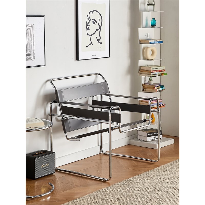 Pemberly Row Leather Club Chair Steel Frame Armchair in Black (Set of 2)