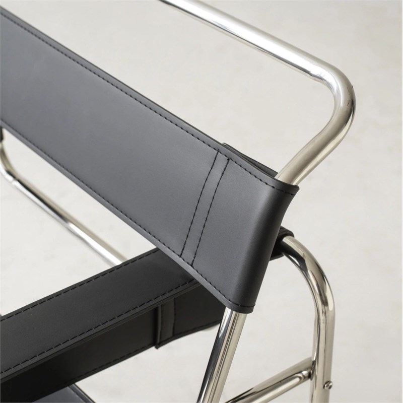 Pemberly Row Leather Club Chair Steel Frame Armchair in Black (Set of 2)