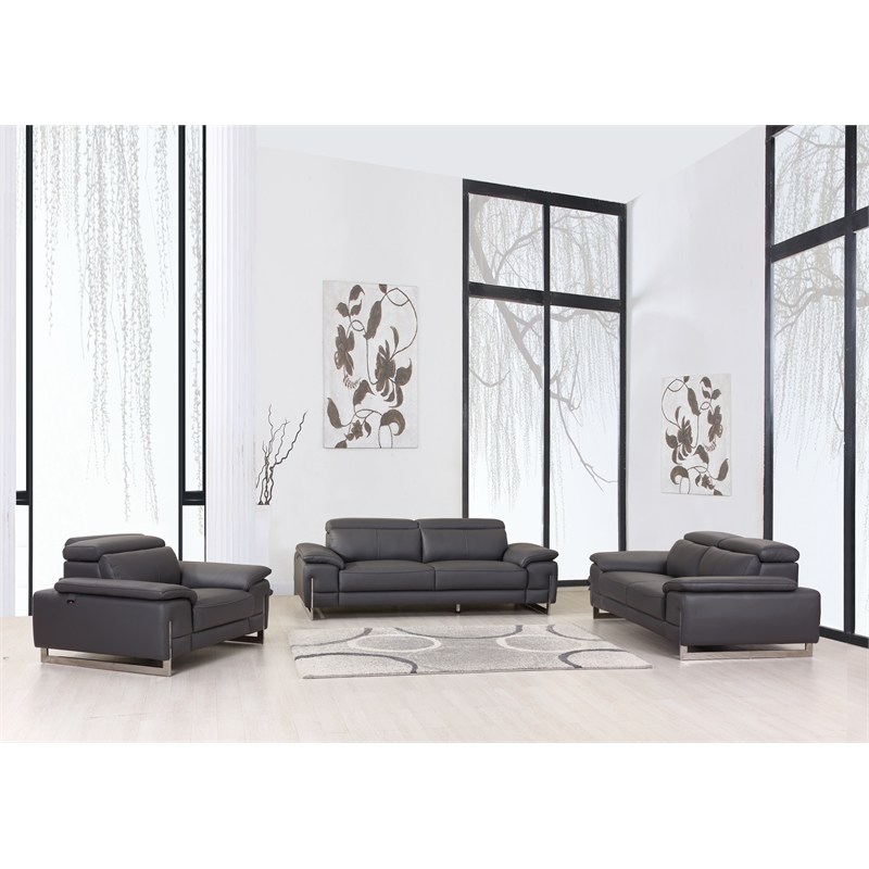 Pemberly Row Genuine Italian Leather Upholstered Sofa Set in Dark Gray