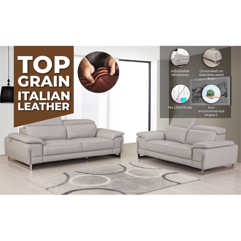 Pemberly Row Genuine Italian Leather Upholstered Sofa Set in Dark Gray