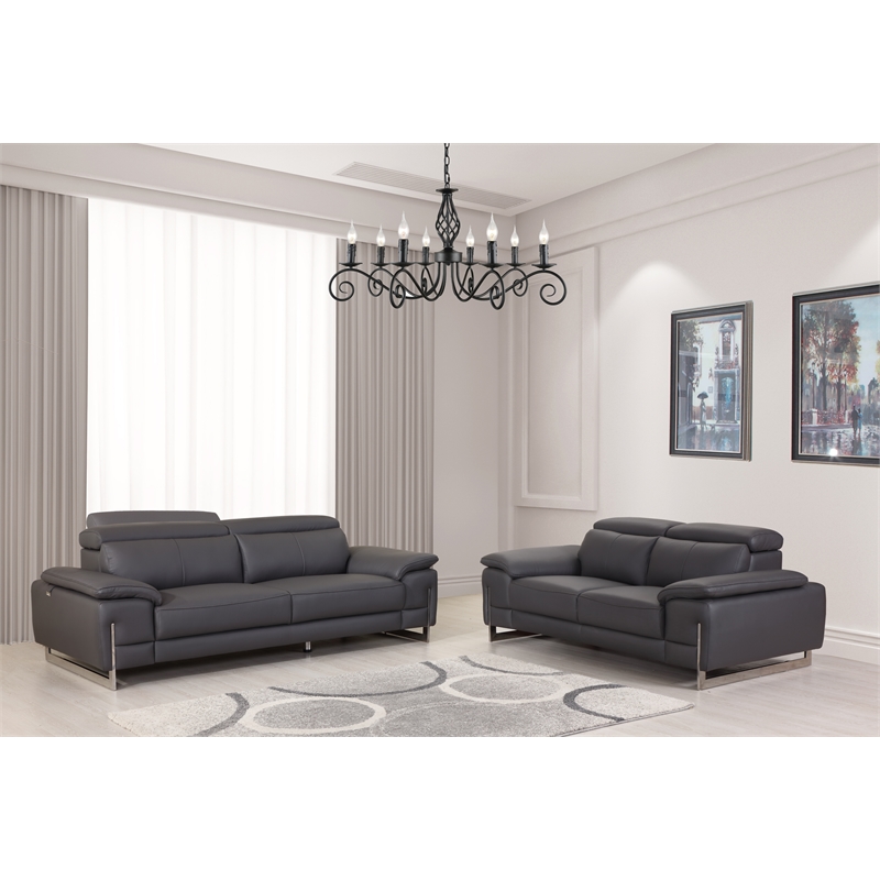 Pemberly Row Genuine Italian Leather Sofa & Loveseat Set in Dark Gray