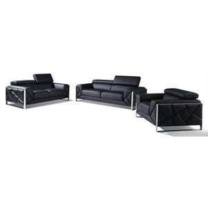 Pemberly Row Modern Genuine Italian Leather Upholstered Sofa Set in Black