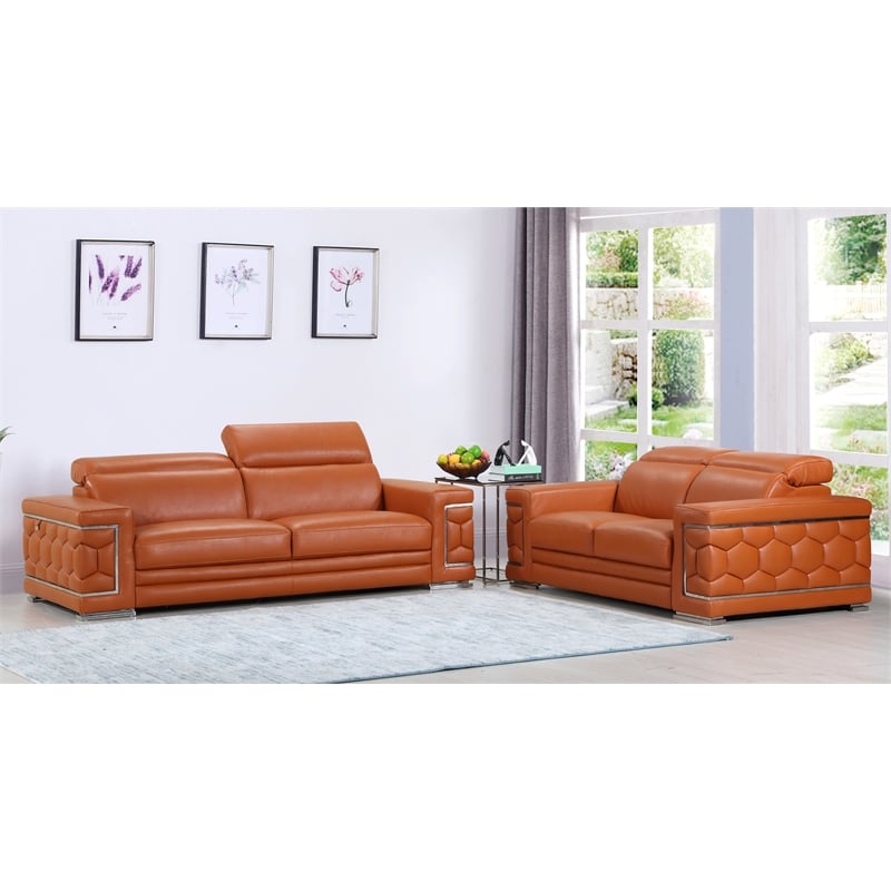 Pemberly Row Genuine Italian Leather Sofa and Loveseat Set in Camel Brown