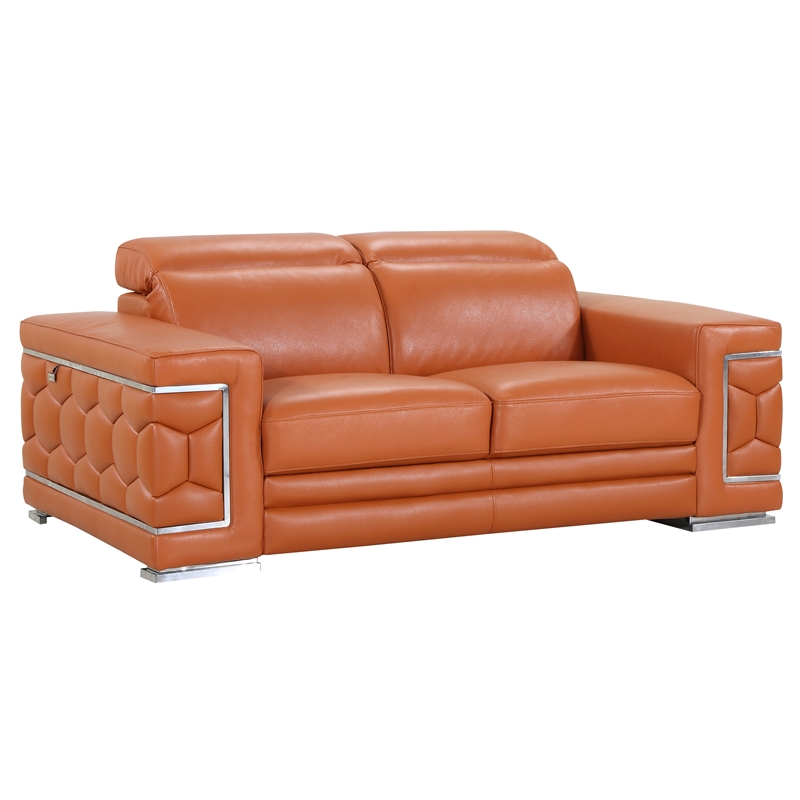 Pemberly Row Genuine Italian Leather Sofa and Loveseat Set in Camel Brown