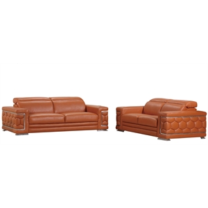 Pemberly Row Genuine Italian Leather Sofa and Loveseat Set in Camel Brown