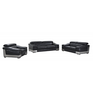 Pemberly Row Genuine Italian Leather Upholstered Sofa Set in Black