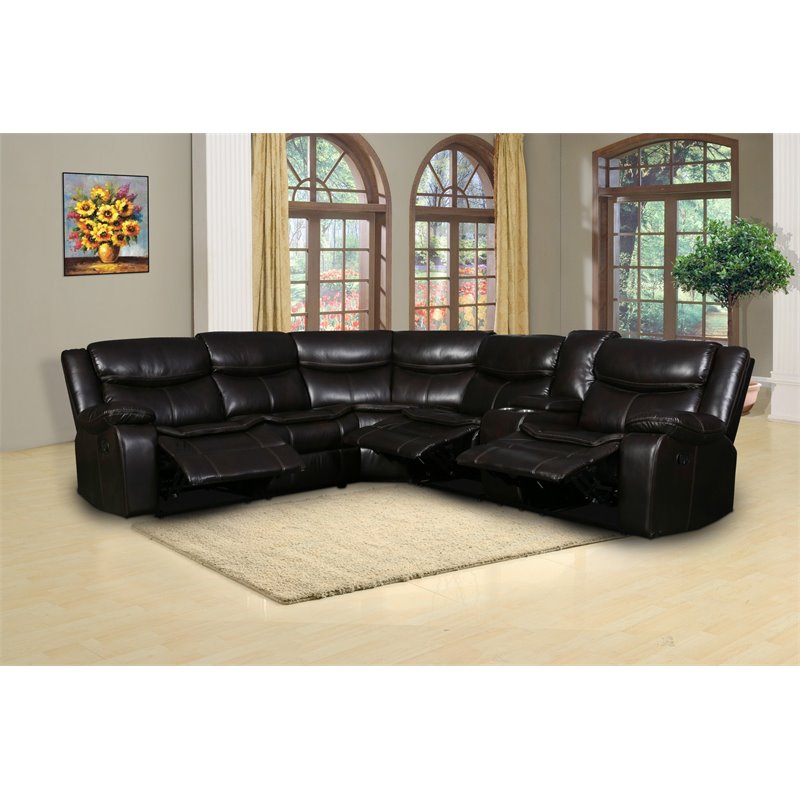 Pemberly Row Modern Faux Leather Reclining Sectional in Brown