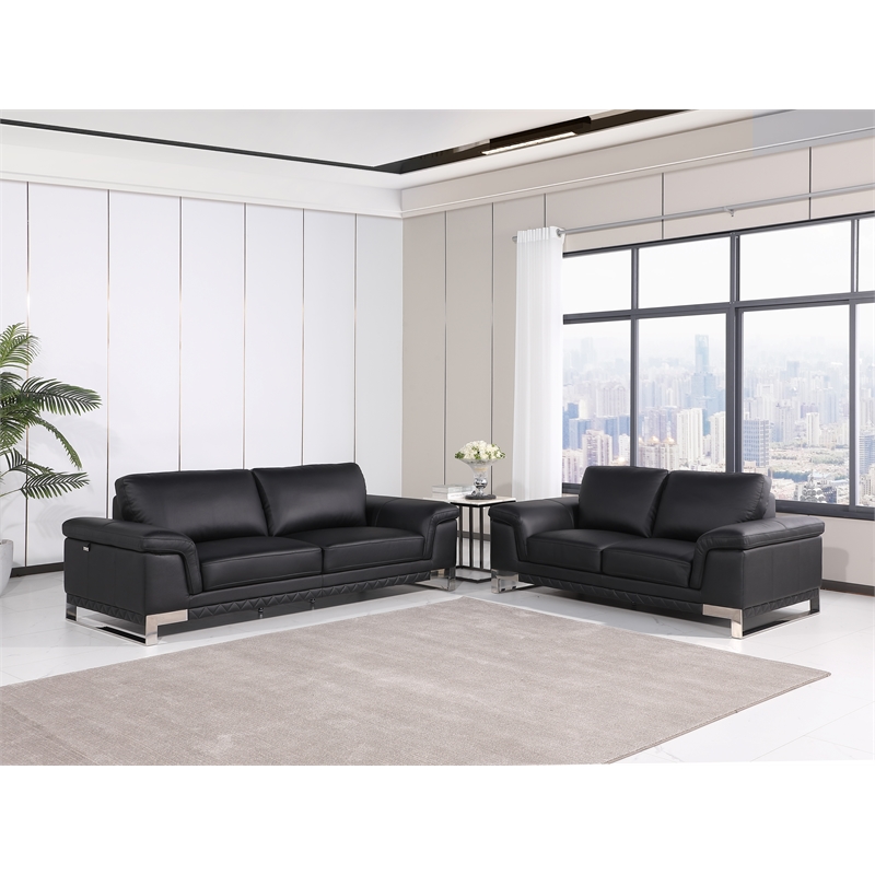 Pemberly Row Genuine Italian Leather Reclining Sofa and Loveseat in Black