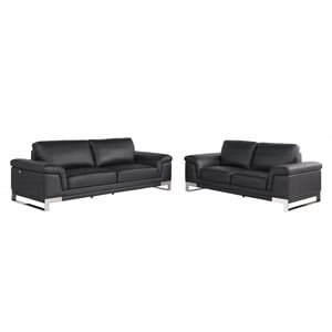 Pemberly Row Genuine Italian Leather Reclining Sofa and Loveseat in Black