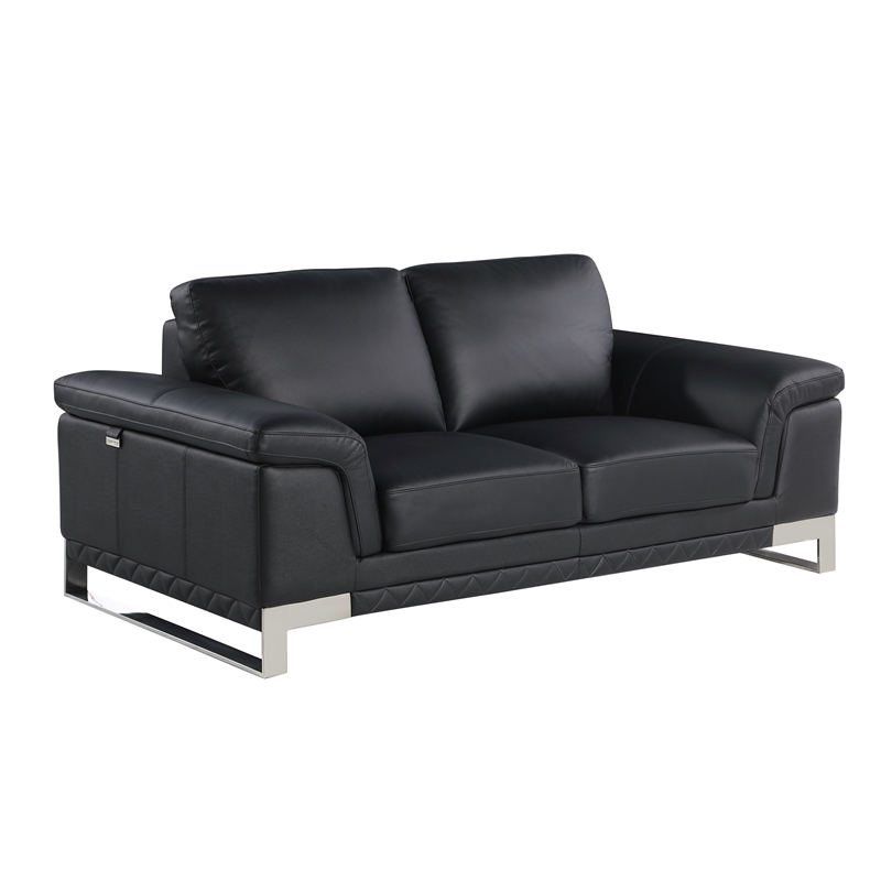 Pemberly Row Genuine Italian Leather Reclining Sofa and Loveseat in Black