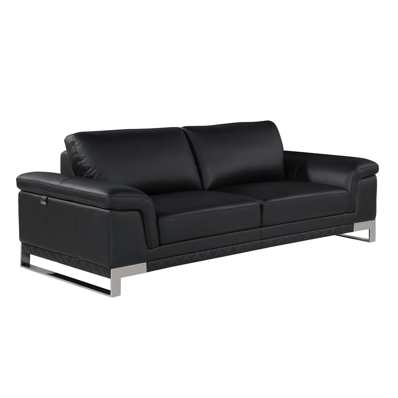 Pemberly Row Genuine Italian Leather Reclining Sofa and Loveseat in Black