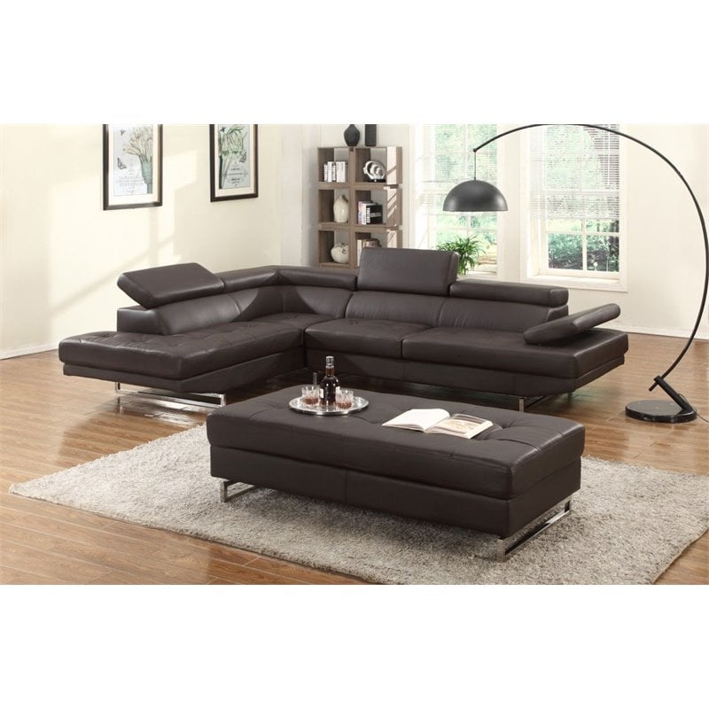 Pemberly Row Faux Leather Sectional with Left Arm Facing in Brown