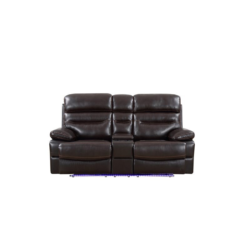 Pemberly Row Modern Faux Leather Power Reclining Console Loveseat in Brown