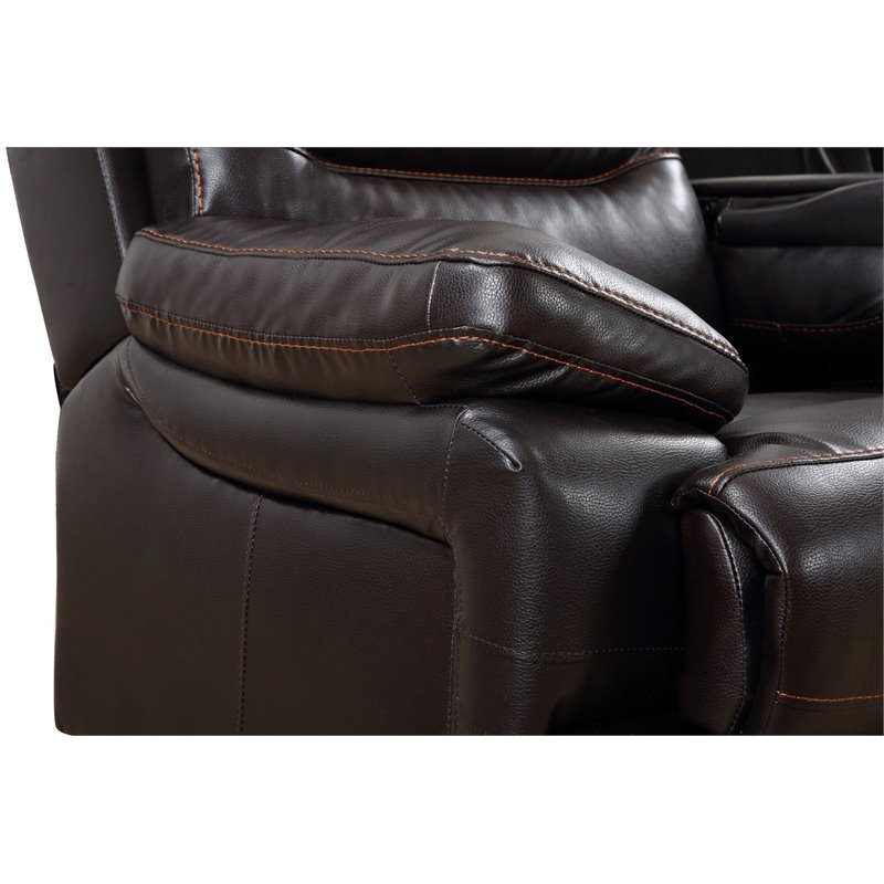 Pemberly Row Modern Faux Leather Power Reclining Console Loveseat in Brown