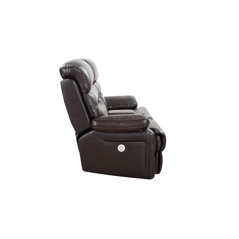 Pemberly Row Modern Faux Leather Power Reclining Console Loveseat in Brown