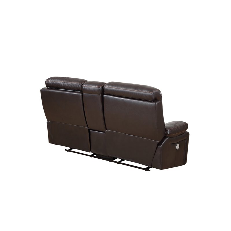 Pemberly Row Modern Faux Leather Power Reclining Console Loveseat in Brown