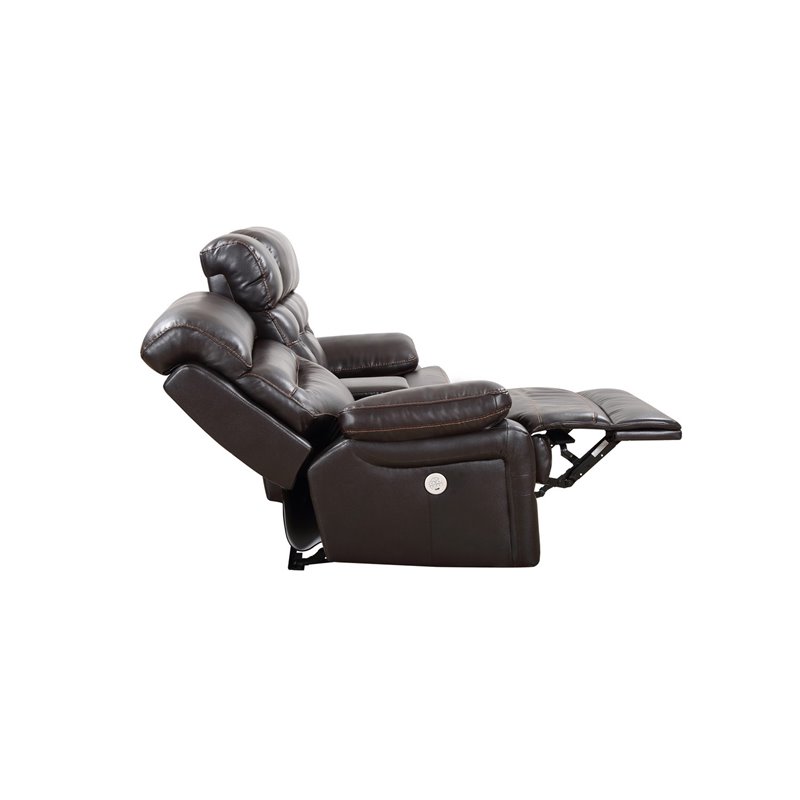 Pemberly Row Modern Faux Leather Power Reclining Console Loveseat in Brown
