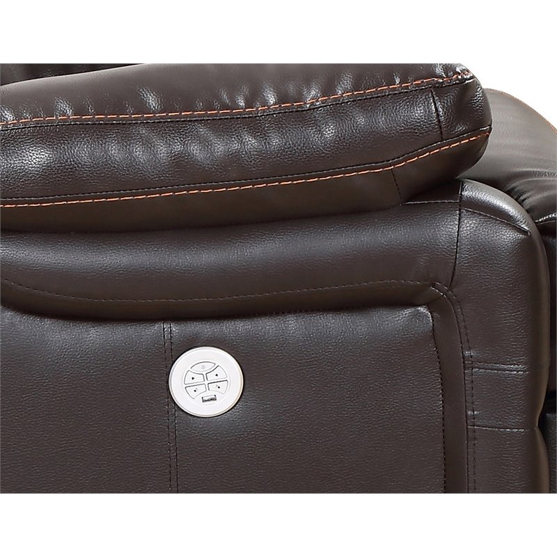 Pemberly Row Modern Faux Leather Power Reclining Console Loveseat in Brown