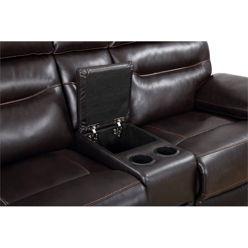 Pemberly Row Modern Faux Leather Power Reclining Console Loveseat in Brown