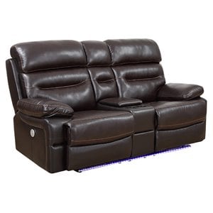 Pemberly Row Modern Faux Leather Power Reclining Console Loveseat in Brown