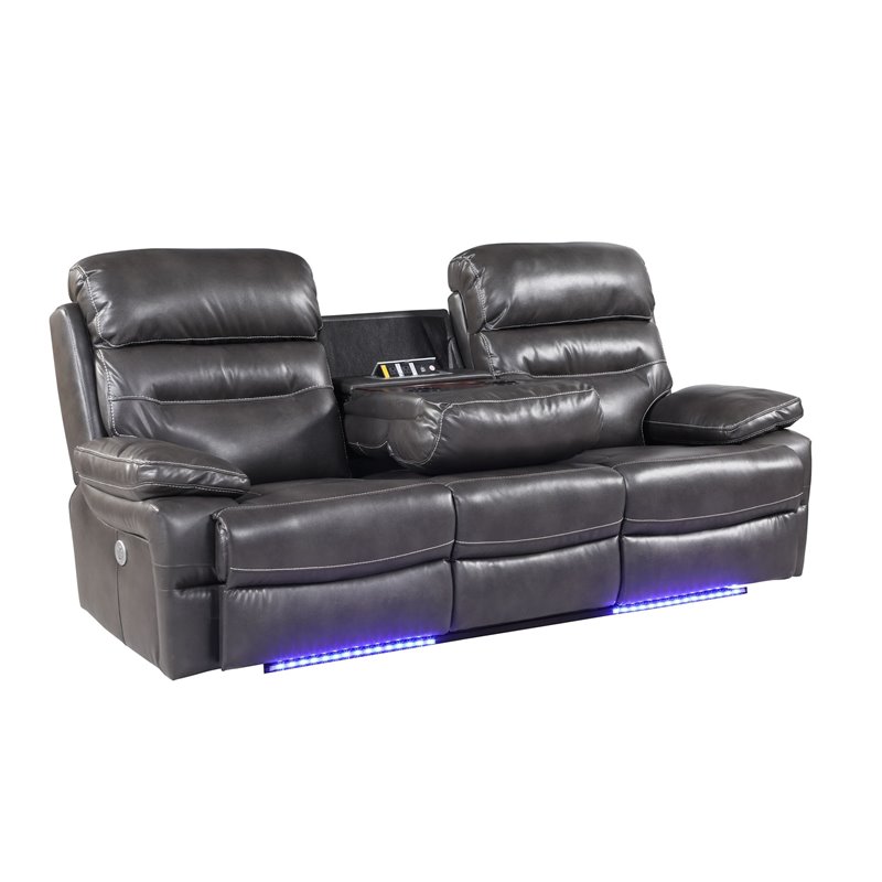 Pemberly Row Modern Faux Leather Power Reclining Sofa in Gray