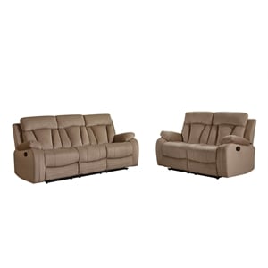 Pemberly Row Transitional Microfiber Fabric Sofa and Loveseat in Beige
