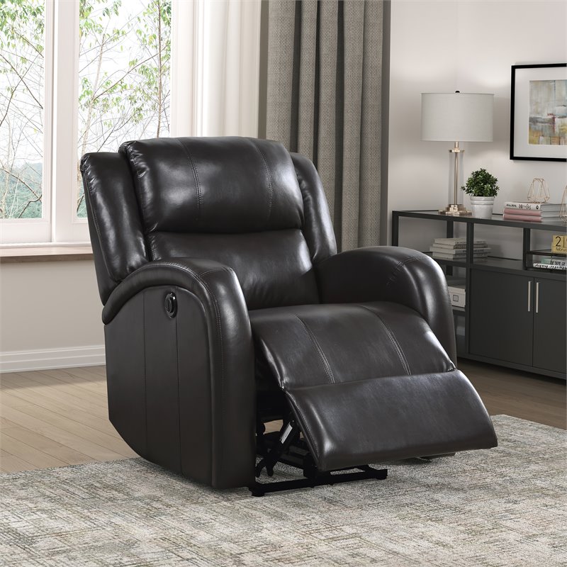 Pemberly Row Modern Wood & Faux Leather Power Reclining Chair in Brown